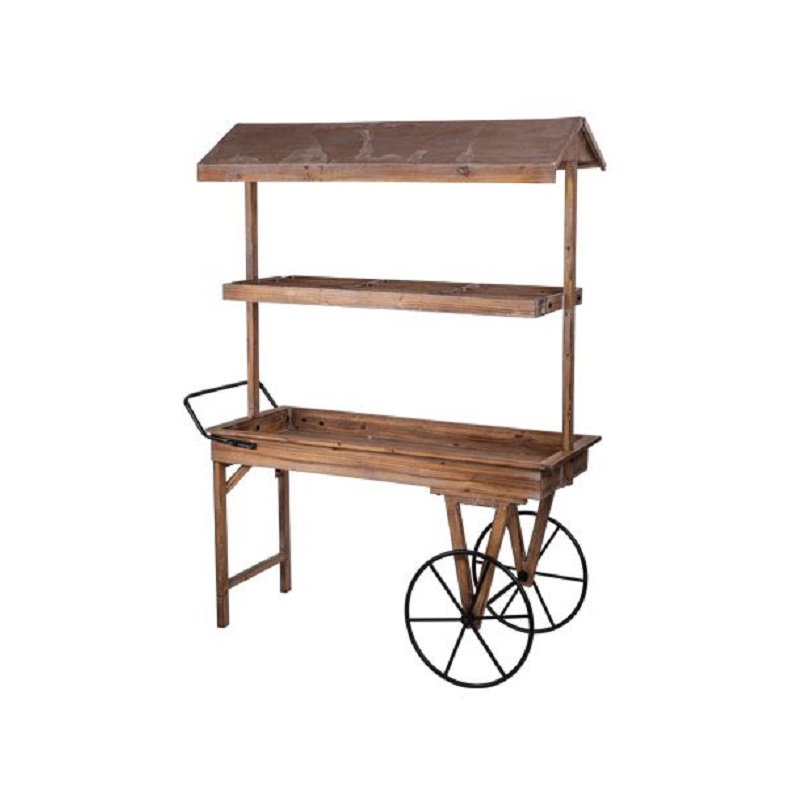 Location chariot champêtre en bois candy bar + roues métal noir - Clauday  Evénements